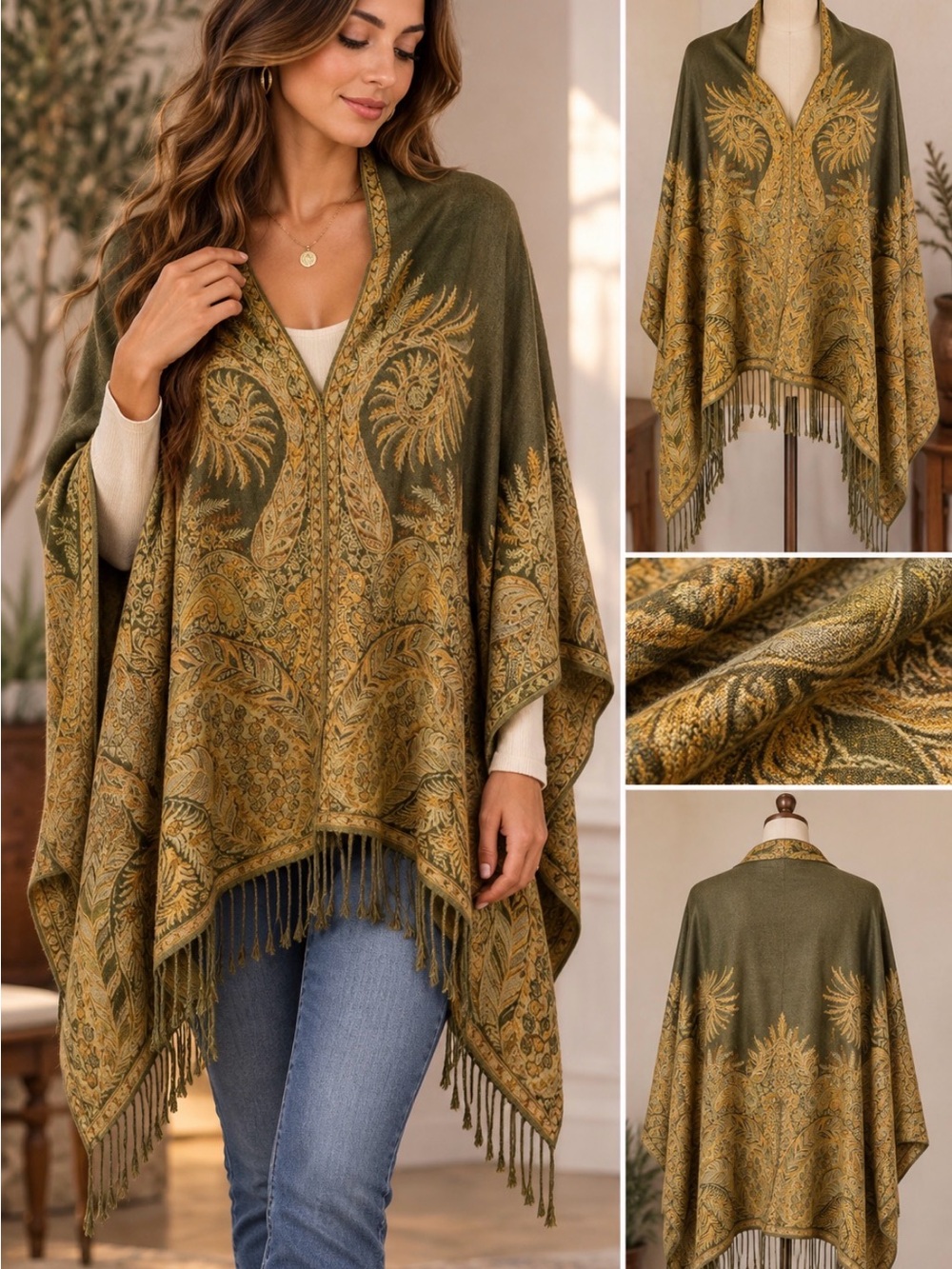 Olive & Gold Paisley Fringed Autumn Leaf print Poncho - reversible-Unbranded